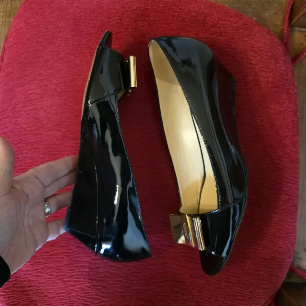 kate spade Black Patent Leather Peep-Toe Wedge Heels with Bow